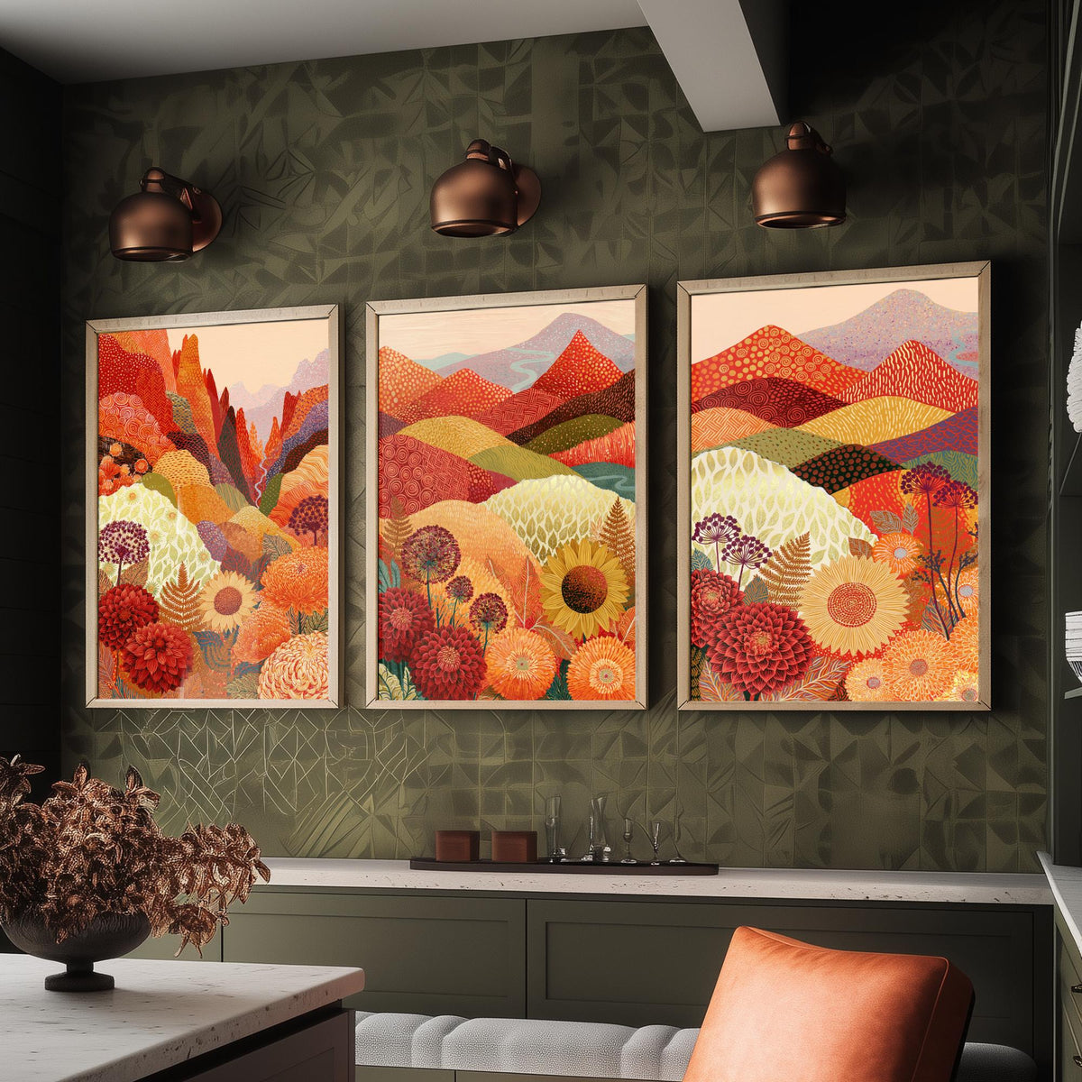 Goldseam Mountain Meadow Set of Three Art Prints - Ember Rust and Golden Patchwork Hills - Dahlia Sunflower Posters - Autumn Folk Painting