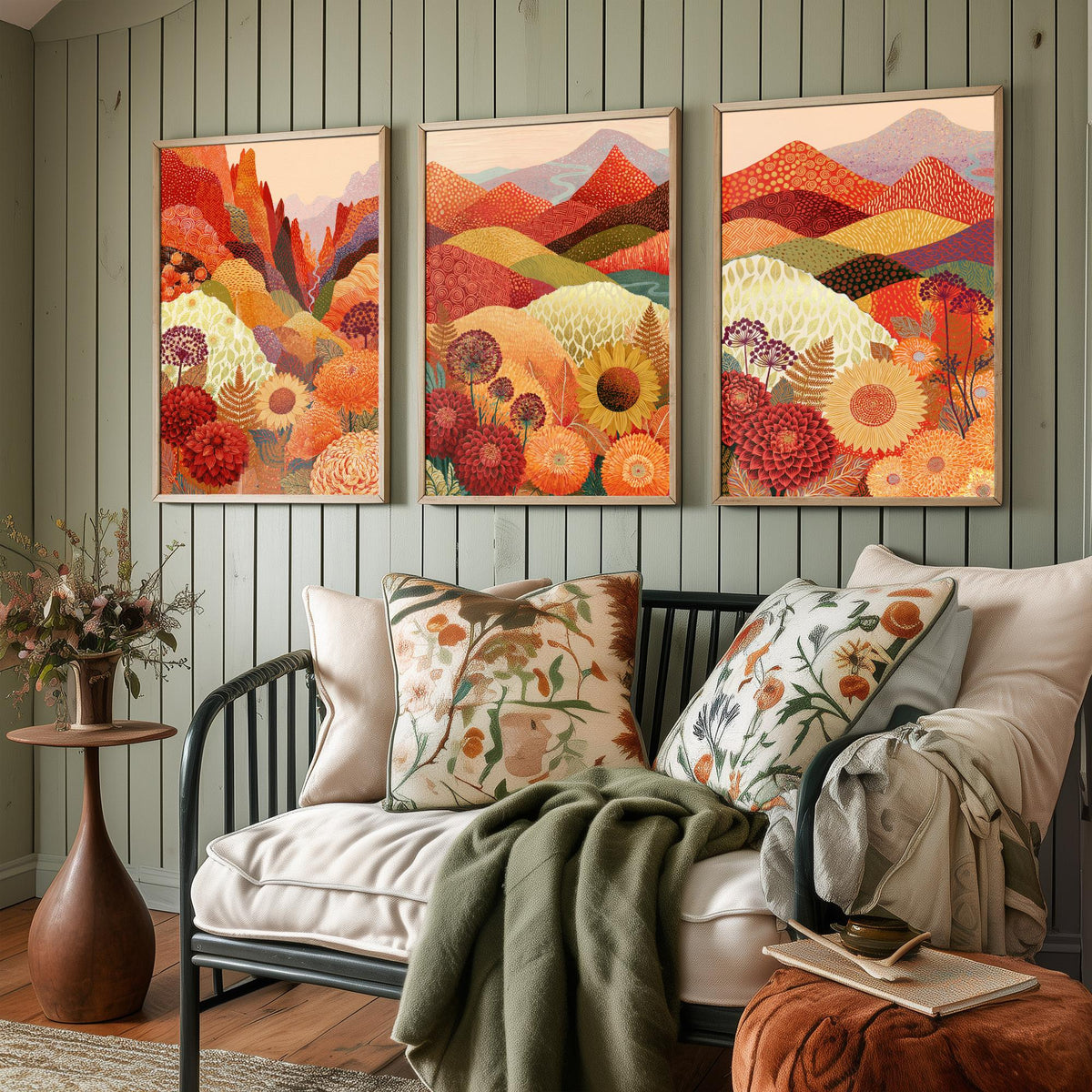 Goldseam Mountain Meadow Set of Three Art Prints - Ember Rust and Golden Patchwork Hills - Dahlia Sunflower Posters - Autumn Folk Painting