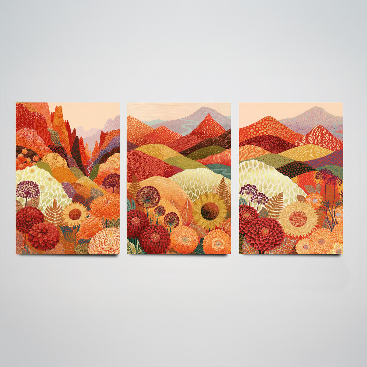 Goldseam Mountain Meadow Set of Three Art Prints - Ember Rust and Golden Patchwork Hills - Dahlia Sunflower Posters - Autumn Folk Painting