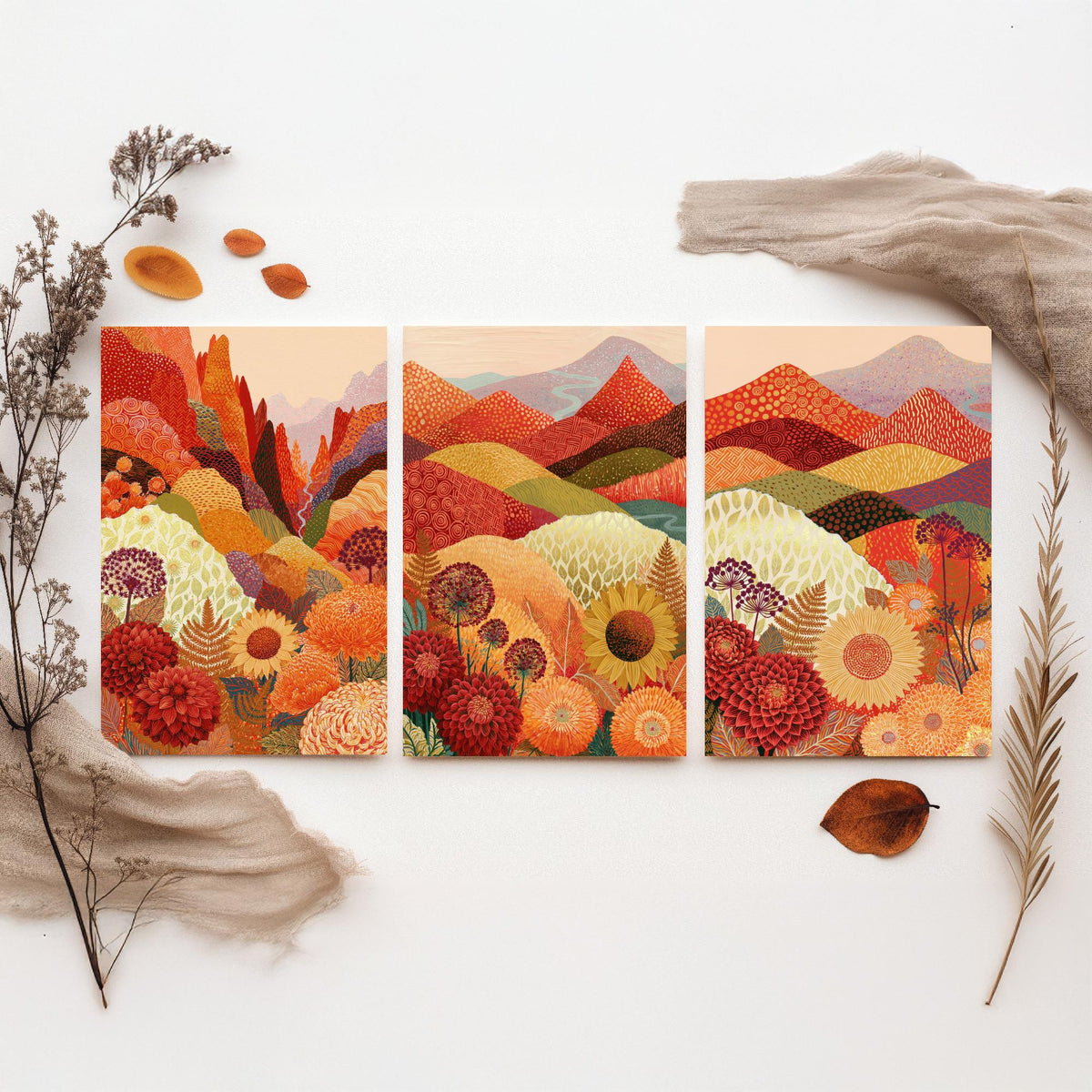 Goldseam Mountain Meadow Set of Three Art Prints - Ember Rust and Golden Patchwork Hills - Dahlia Sunflower Posters - Autumn Folk Painting