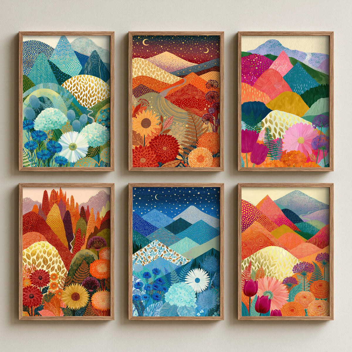 Set of Six Goldseam Mountain Meadow Art Prints - 6 Patchwork Peak Paintings - Azure, Starlit, Ember, Blossom - Gold Leaf Wildflower Poster