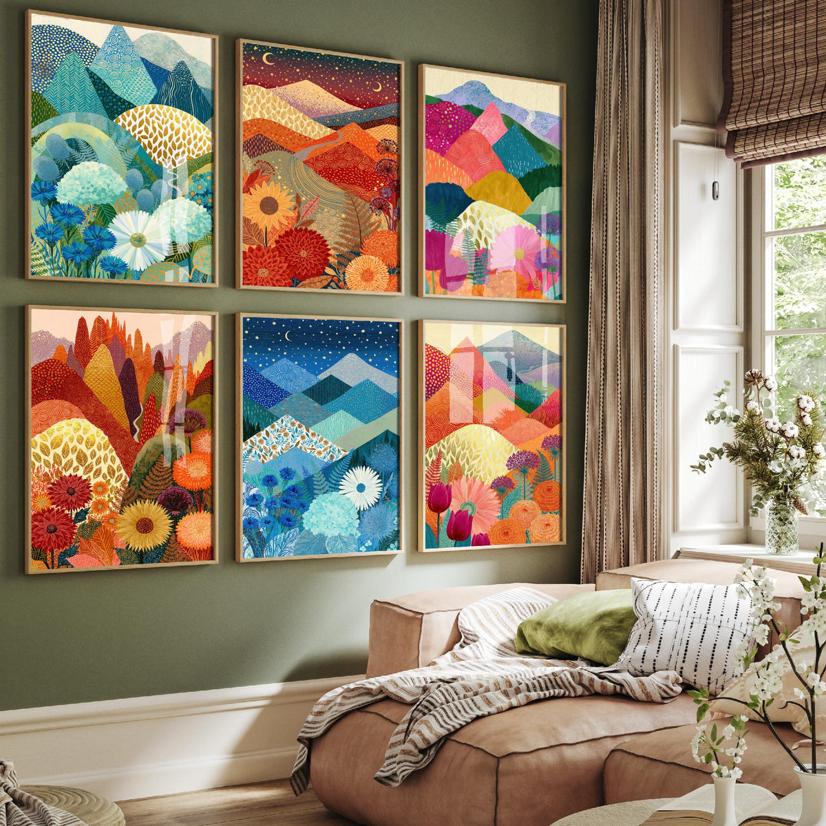 Set of Six Goldseam Mountain Meadow Art Prints - 6 Patchwork Peak Paintings - Azure, Starlit, Ember, Blossom - Gold Leaf Wildflower Poster
