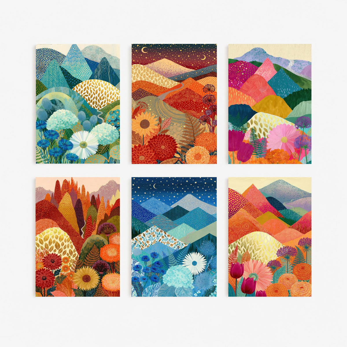 Set of Six Goldseam Mountain Meadow Art Prints - 6 Patchwork Peak Paintings - Azure, Starlit, Ember, Blossom - Gold Leaf Wildflower Poster