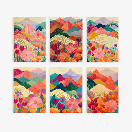 Set of Six Goldseam Blossom Mountain Meadow Art Prints - 6 Pink Patchwork Peak Paintings - Tulip, Marigold, Daisy, Allium - Folk Poster Set