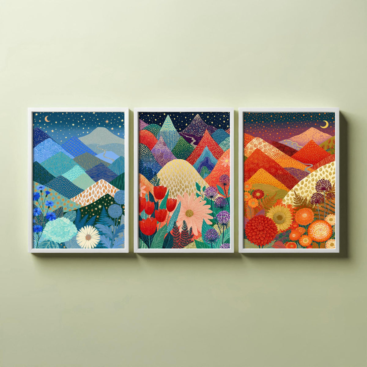 Goldseam Mountain Meadow Set of Three Art Prints - Starlit Night over Jewel Patchwork Peaks - Crescent Moon Posters - Wildflower Painting