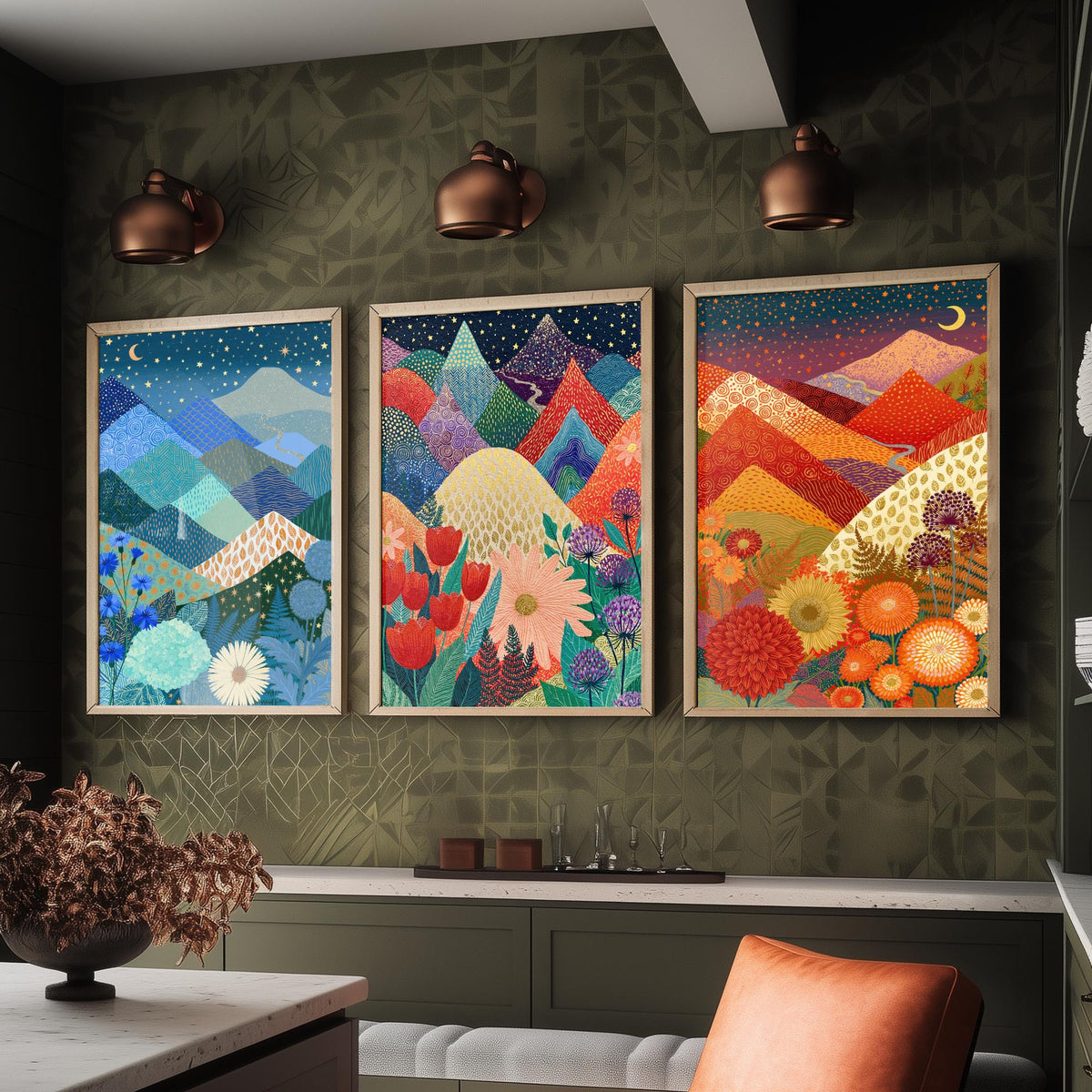 Goldseam Mountain Meadow Set of Three Art Prints - Starlit Night over Jewel Patchwork Peaks - Crescent Moon Posters - Wildflower Painting