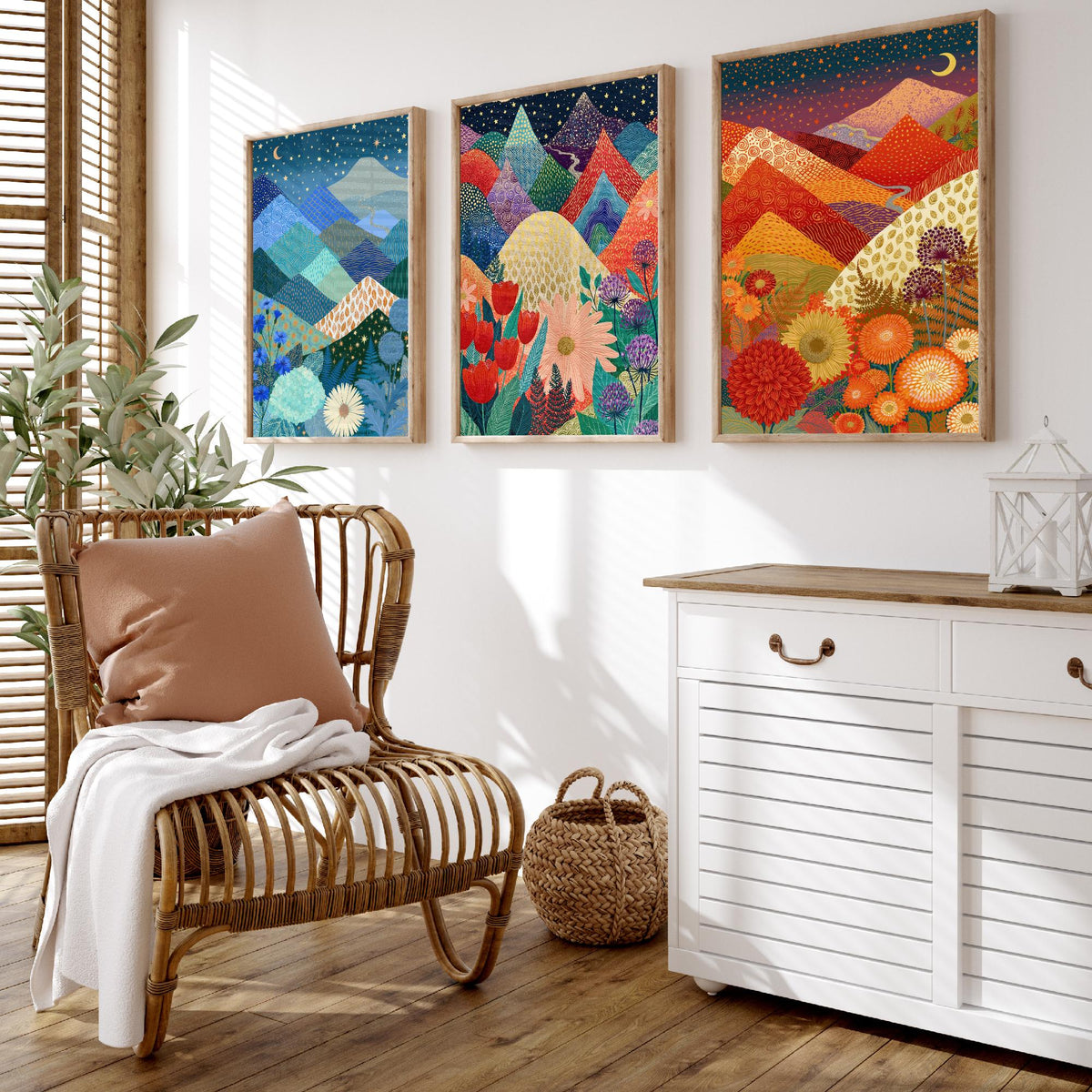 Goldseam Mountain Meadow Set of Three Art Prints - Starlit Night over Jewel Patchwork Peaks - Crescent Moon Posters - Wildflower Painting