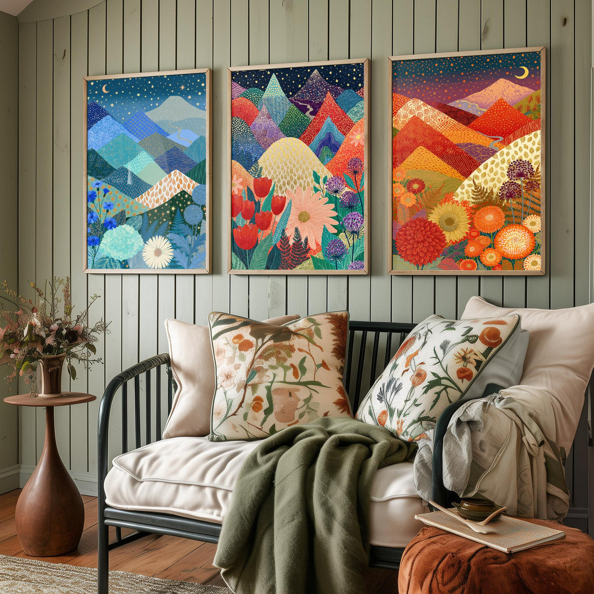 Goldseam Mountain Meadow Set of Three Art Prints - Starlit Night over Jewel Patchwork Peaks - Crescent Moon Posters - Wildflower Painting