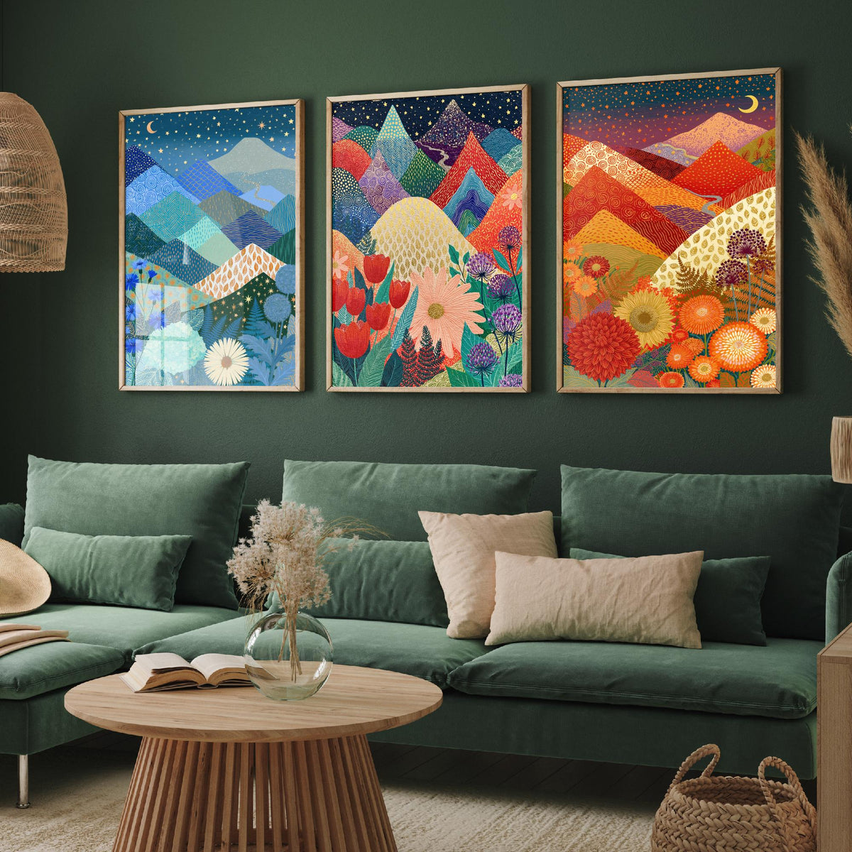 Goldseam Mountain Meadow Set of Three Art Prints - Starlit Night over Jewel Patchwork Peaks - Crescent Moon Posters - Wildflower Painting