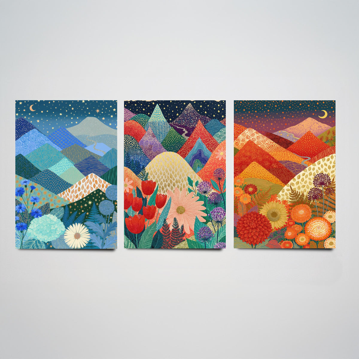 Goldseam Mountain Meadow Set of Three Art Prints - Starlit Night over Jewel Patchwork Peaks - Crescent Moon Posters - Wildflower Painting