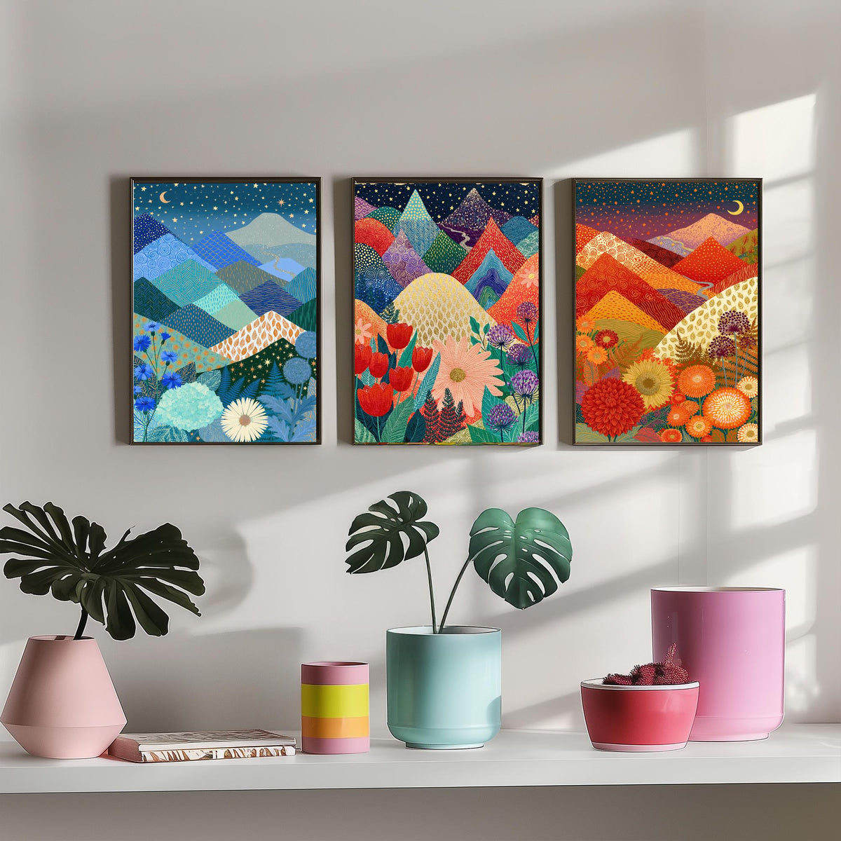 Goldseam Mountain Meadow Set of Three Art Prints - Starlit Night over Jewel Patchwork Peaks - Crescent Moon Posters - Wildflower Painting