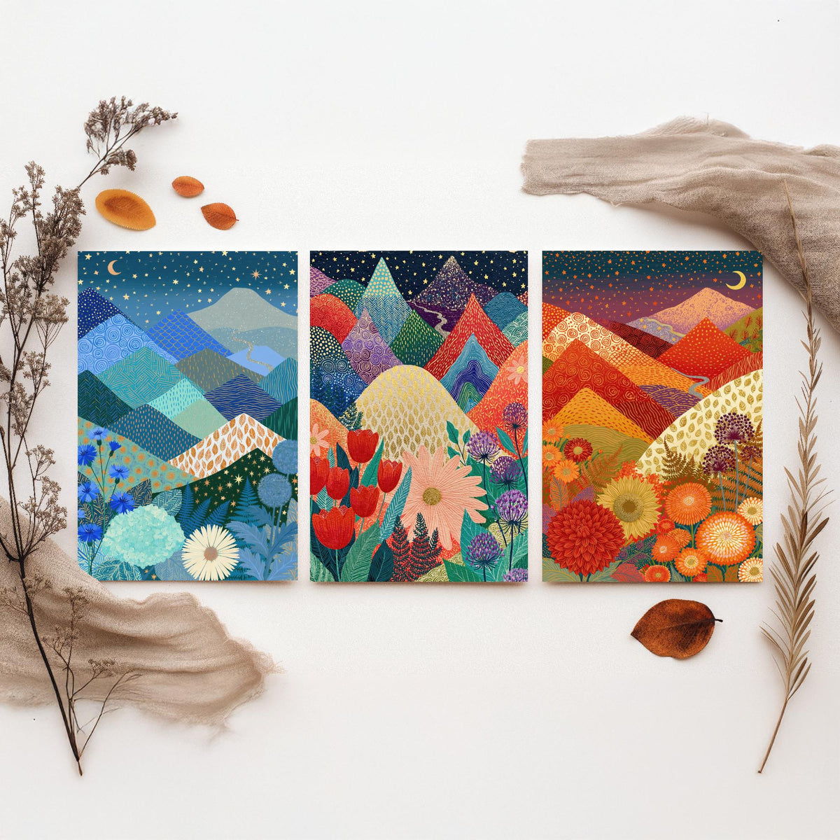 Goldseam Mountain Meadow Set of Three Art Prints - Starlit Night over Jewel Patchwork Peaks - Crescent Moon Posters - Wildflower Painting