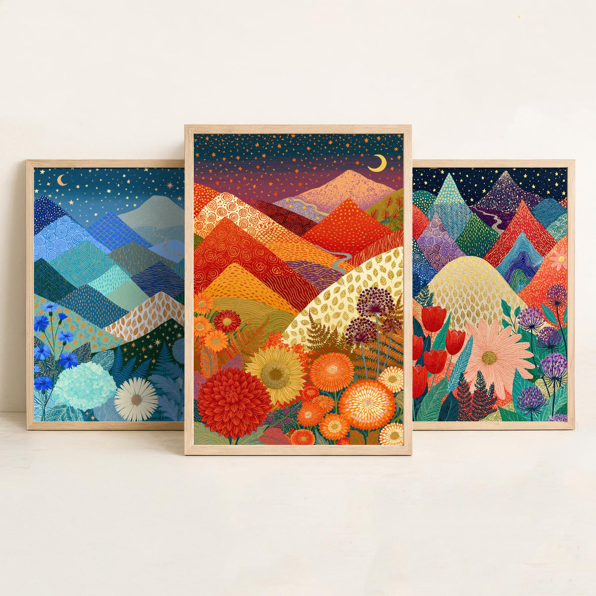 Goldseam Mountain Meadow Set of Three Art Prints - Starlit Night over Jewel Patchwork Peaks - Crescent Moon Posters - Wildflower Painting