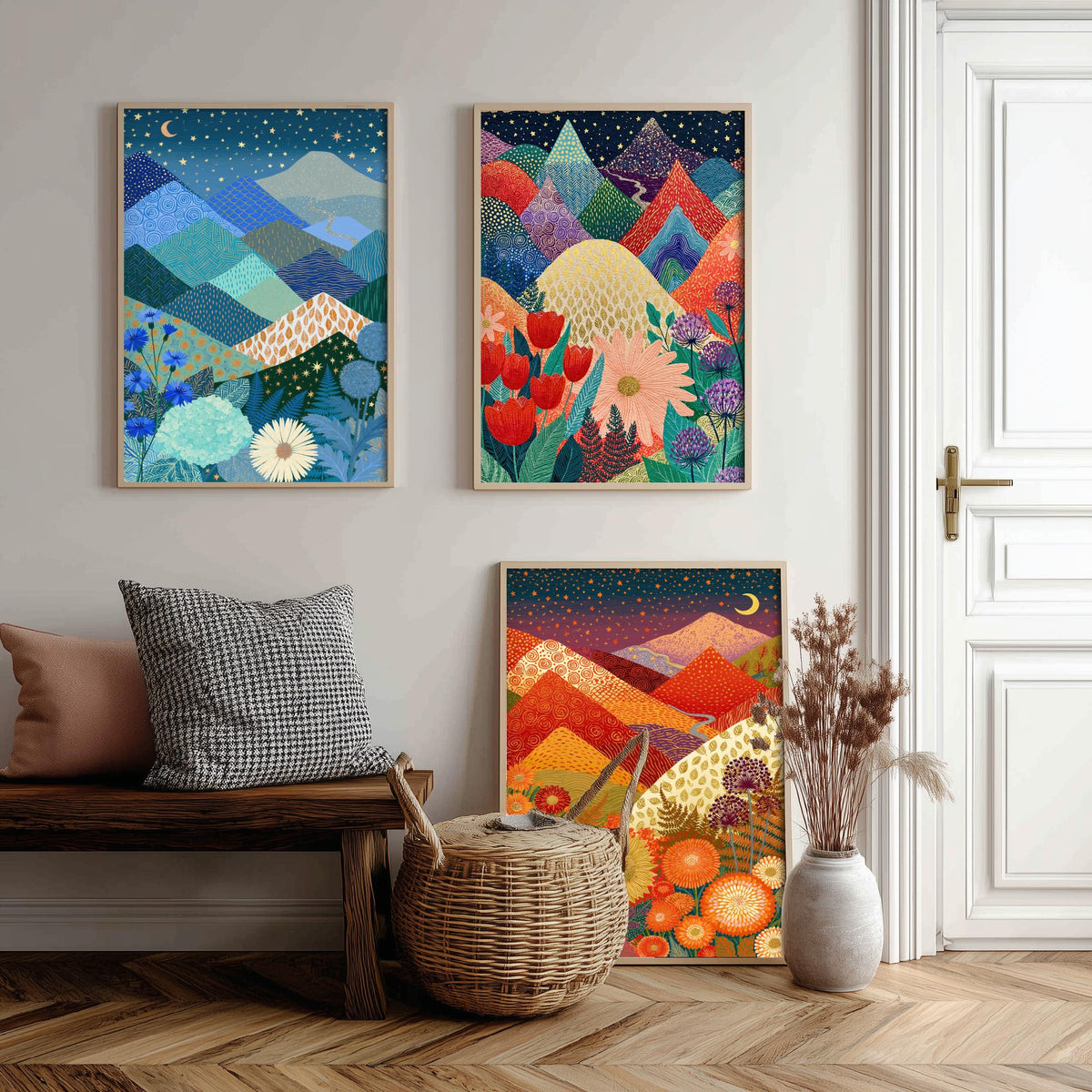 Goldseam Mountain Meadow Set of Three Art Prints - Starlit Night over Jewel Patchwork Peaks - Crescent Moon Posters - Wildflower Painting