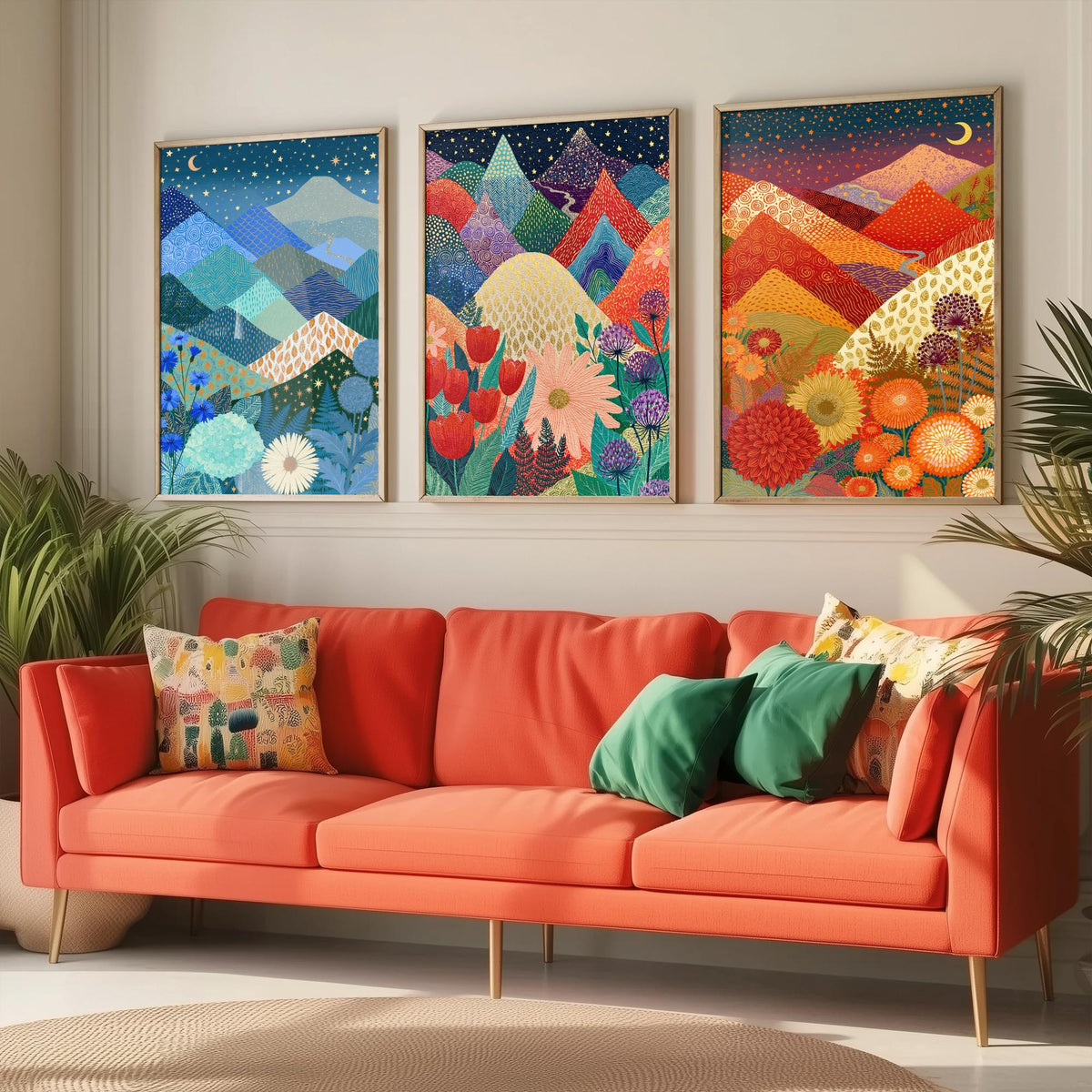 Goldseam Mountain Meadow Set of Three Art Prints - Starlit Night over Jewel Patchwork Peaks - Crescent Moon Posters - Wildflower Painting