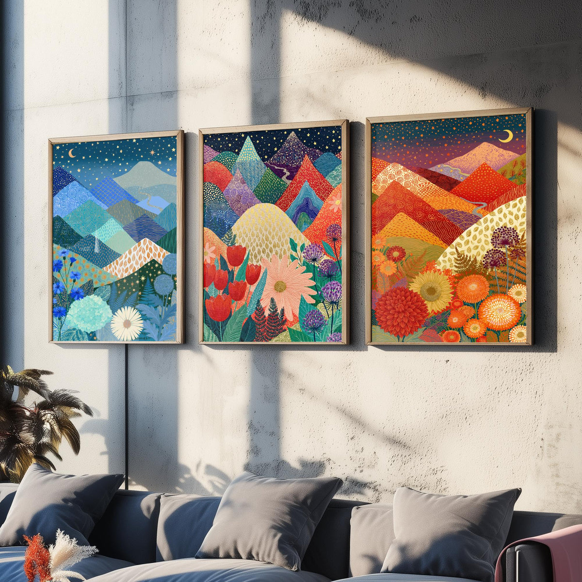 Goldseam Mountain Meadow Set of Three Art Prints - Starlit Night over Jewel Patchwork Peaks - Crescent Moon Posters - Wildflower Painting