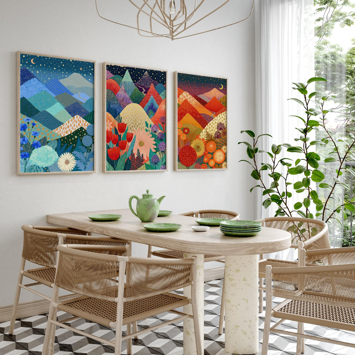 Goldseam Mountain Meadow Set of Three Art Prints - Starlit Night over Jewel Patchwork Peaks - Crescent Moon Posters - Wildflower Painting