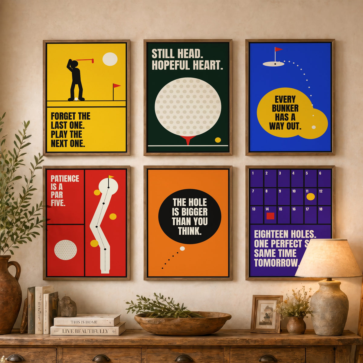 Set of Six Golf Quote Art Prints - 6 Bauhaus Golfer Posters - Minimalist Sport Illustration - Golf Ball, Fairway, Bunker