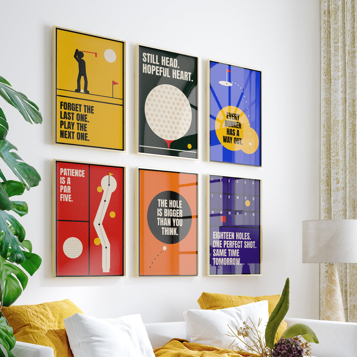 Set of Six Golf Quote Art Prints - 6 Bauhaus Golfer Posters - Minimalist Sport Illustration - Golf Ball, Fairway, Bunker