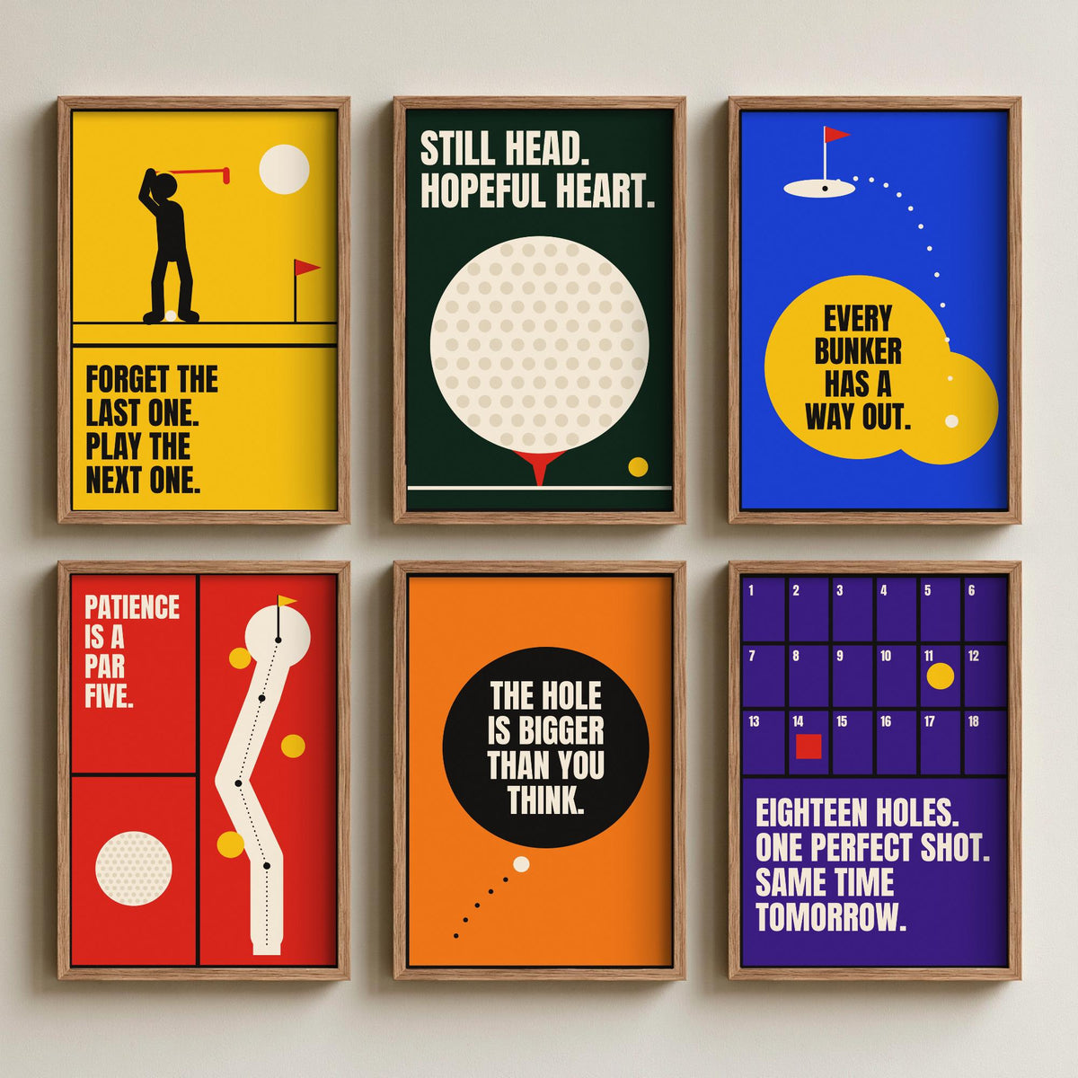 Set of Six Golf Quote Art Prints - 6 Bauhaus Golfer Posters - Minimalist Sport Illustration - Golf Ball, Fairway, Bunker