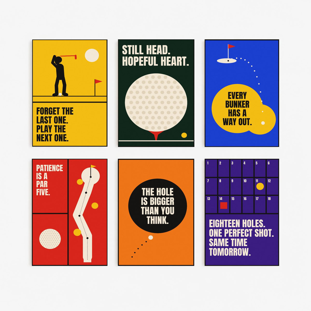 Set of Six Golf Quote Art Prints - 6 Bauhaus Golfer Posters - Minimalist Sport Illustration - Golf Ball, Fairway, Bunker