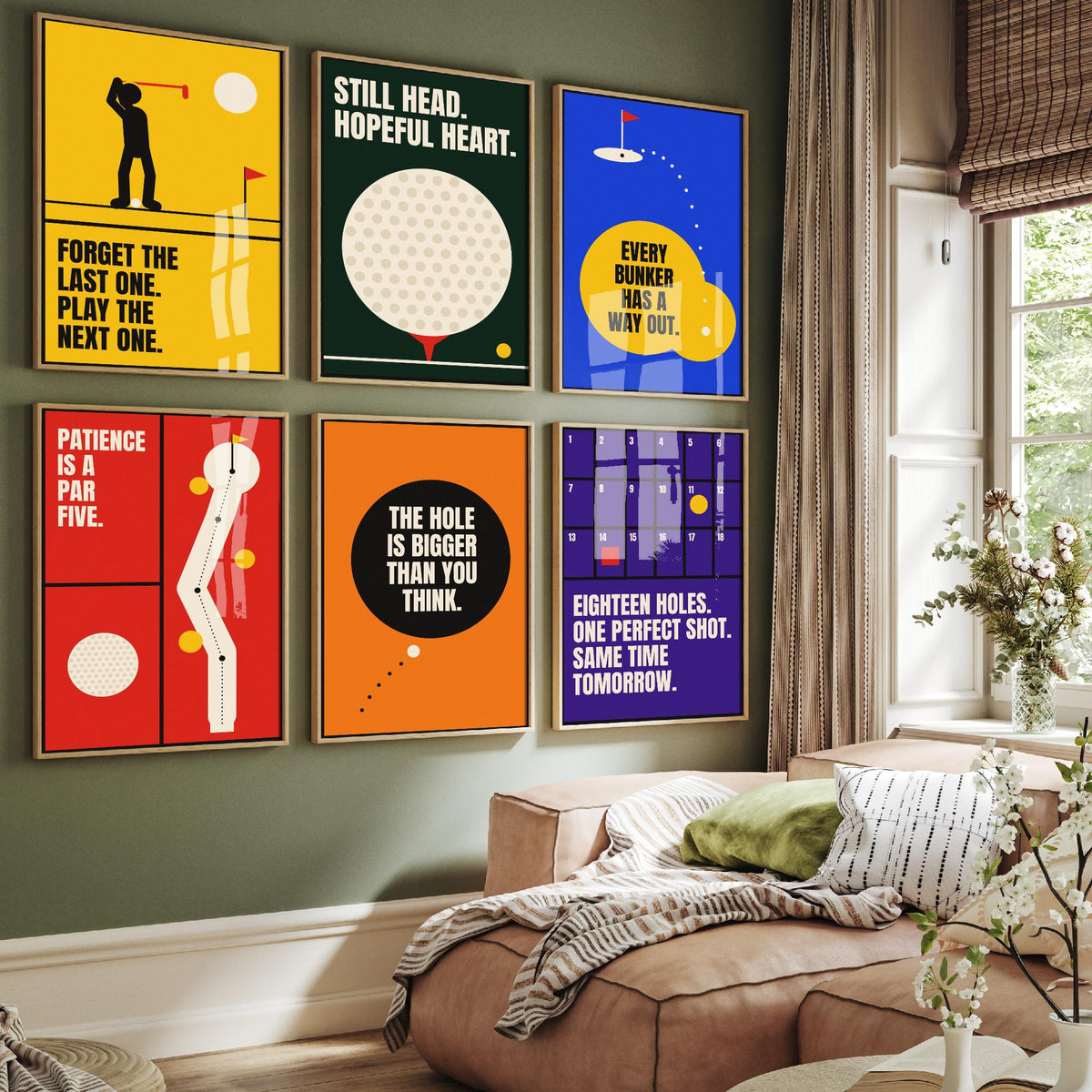 Set of Six Golf Quote Art Prints - 6 Bauhaus Golfer Posters - Minimalist Sport Illustration - Golf Ball, Fairway, Bunker