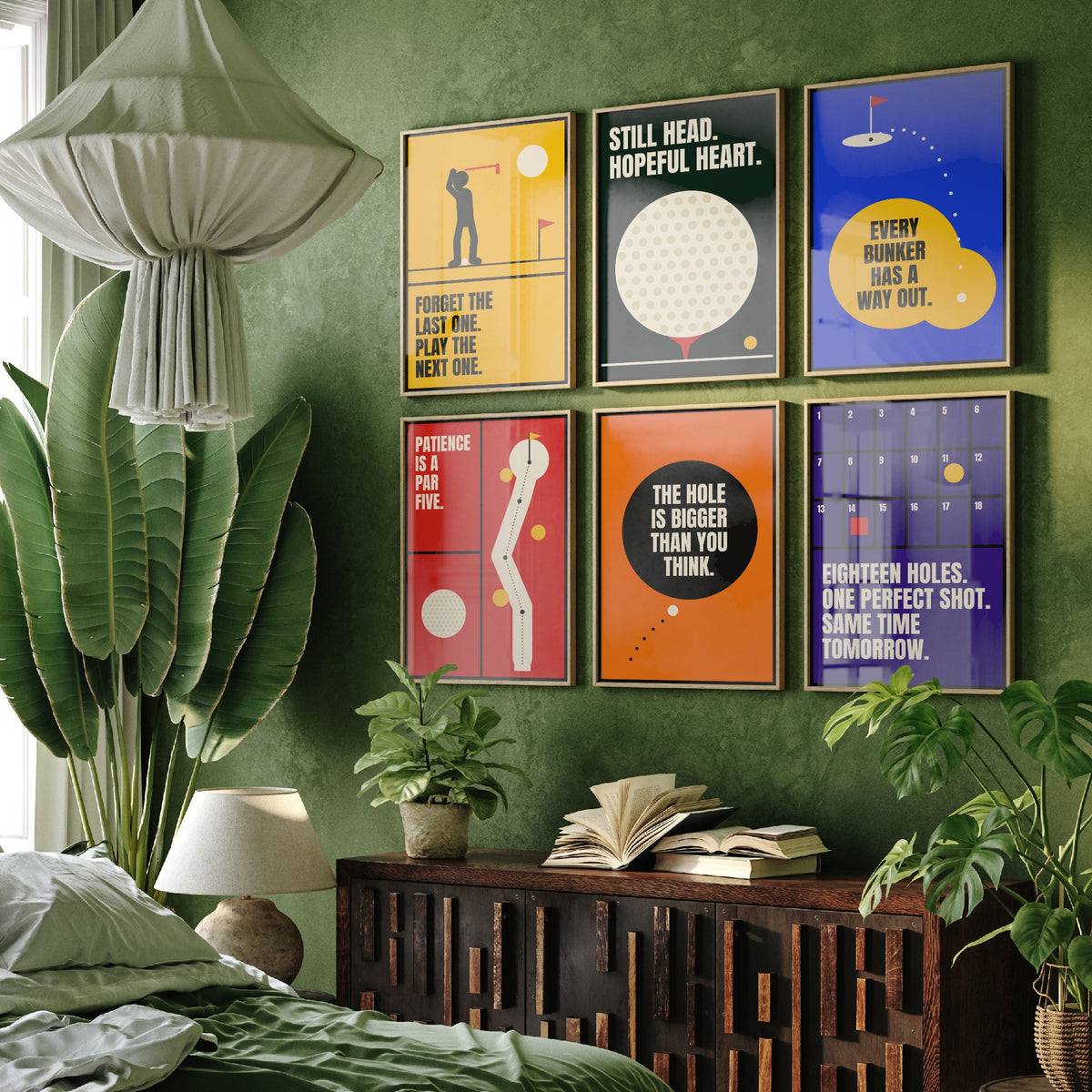Set of Six Golf Quote Art Prints - 6 Bauhaus Golfer Posters - Minimalist Sport Illustration - Golf Ball, Fairway, Bunker