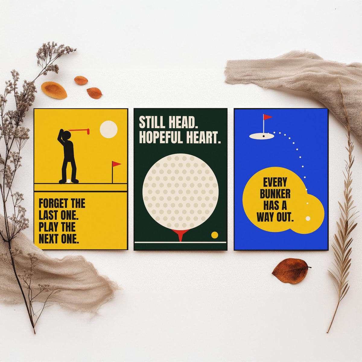 Golf Quotes Set of Three Art Prints - 3 Bauhaus Golfer Posters - Minimalist Sport Wall Art Illustration V1