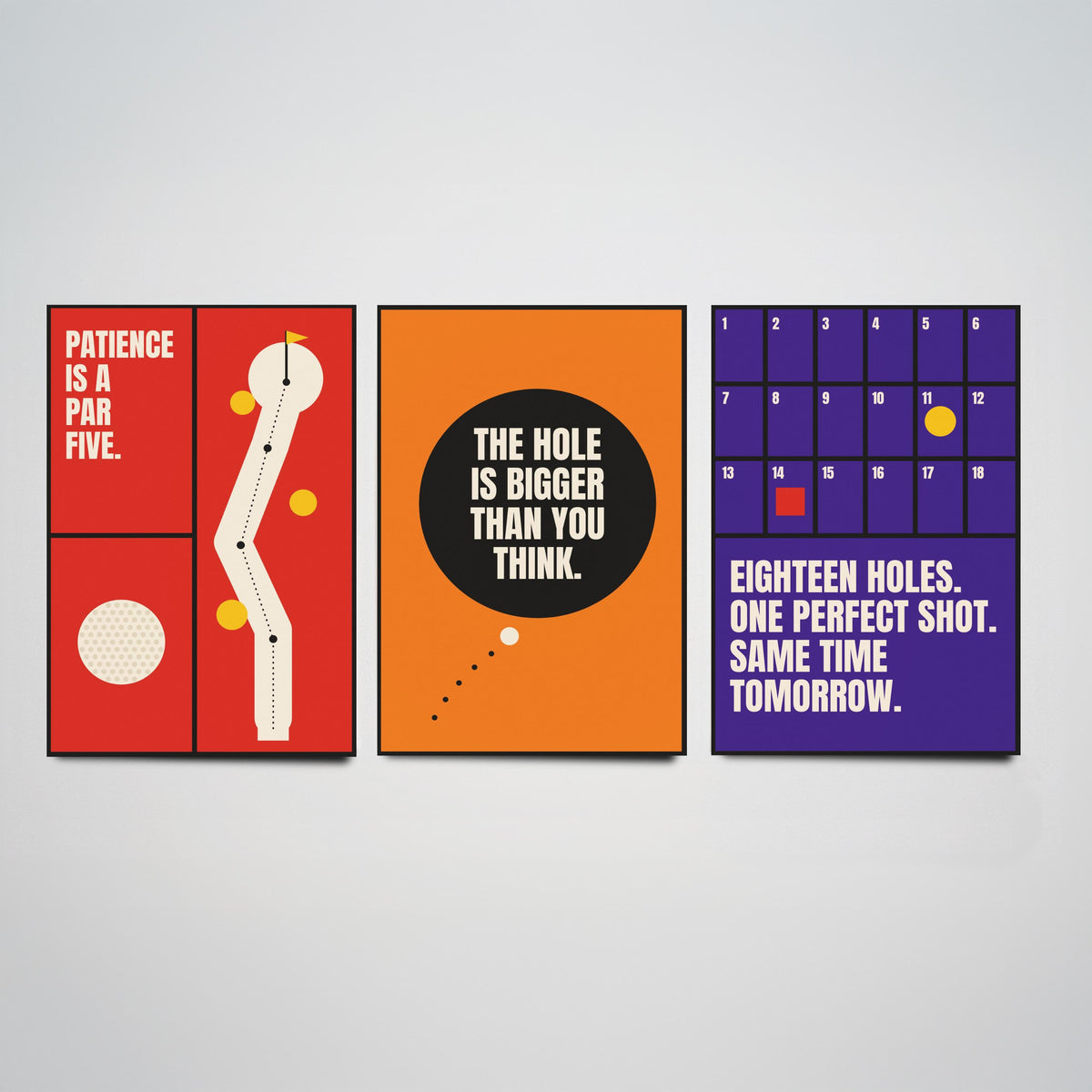 Golf Quotes Set of Three Art Prints - 3 Retro Bauhaus Golfer Posters - Minimalist Sport Wall Art Illustration V2