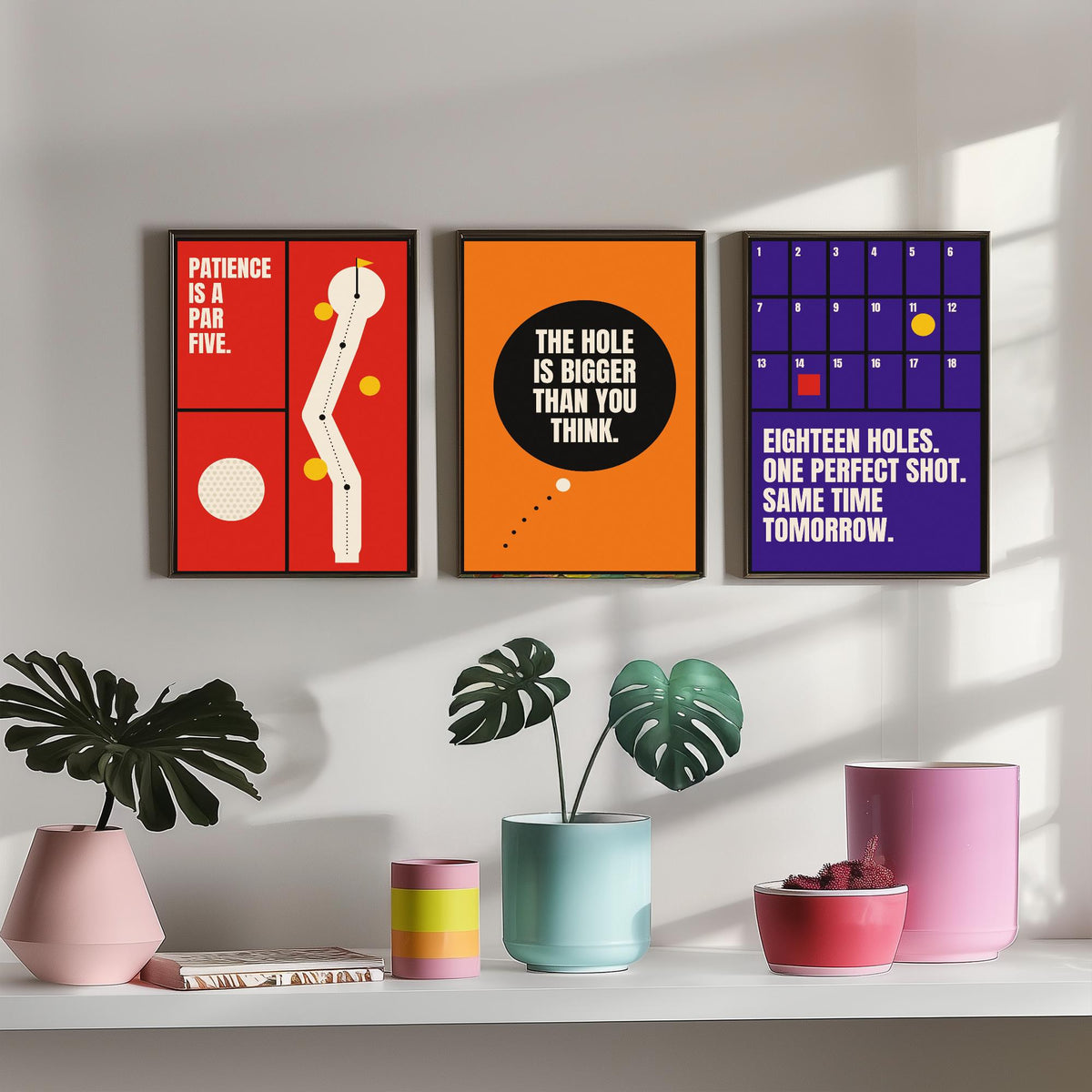 Golf Quotes Set of Three Art Prints - 3 Retro Bauhaus Golfer Posters - Minimalist Sport Wall Art Illustration V2