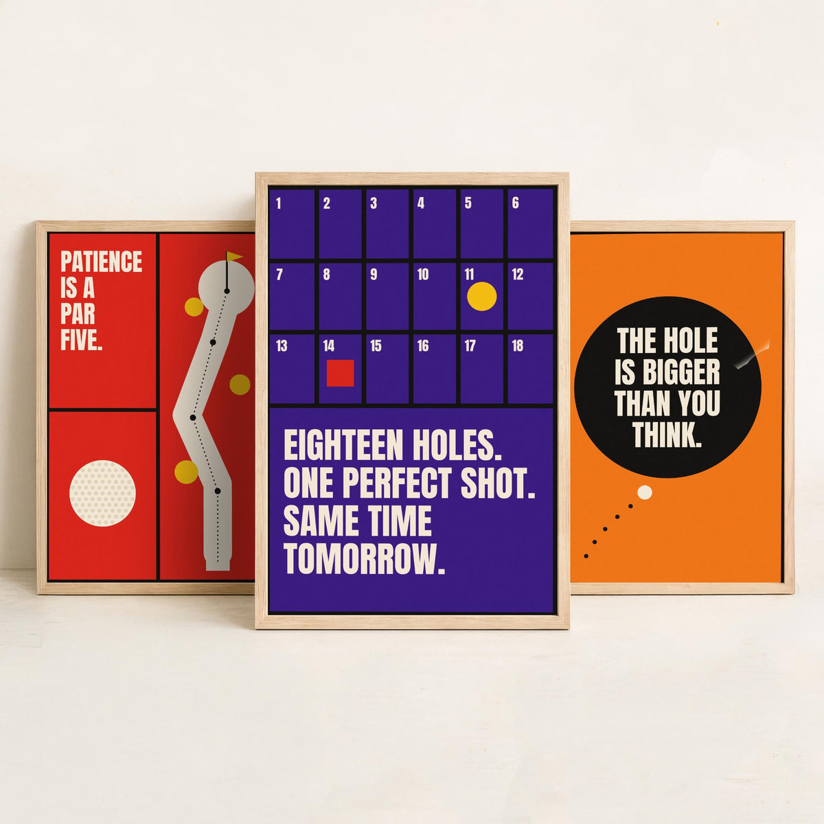 Golf Quotes Set of Three Art Prints - 3 Retro Bauhaus Golfer Posters - Minimalist Sport Wall Art Illustration V2