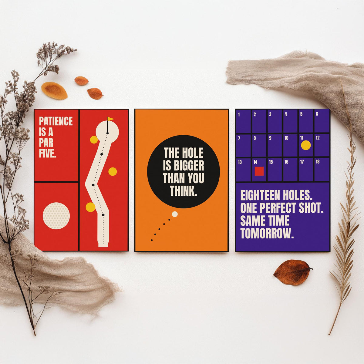 Golf Quotes Set of Three Art Prints - 3 Retro Bauhaus Golfer Posters - Minimalist Sport Wall Art Illustration V2