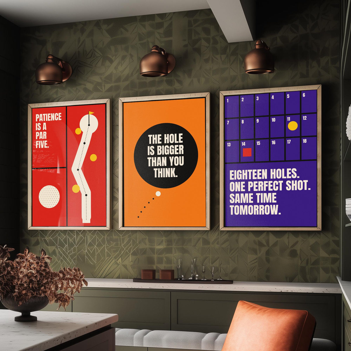 Golf Quotes Set of Three Art Prints - 3 Retro Bauhaus Golfer Posters - Minimalist Sport Wall Art Illustration V2