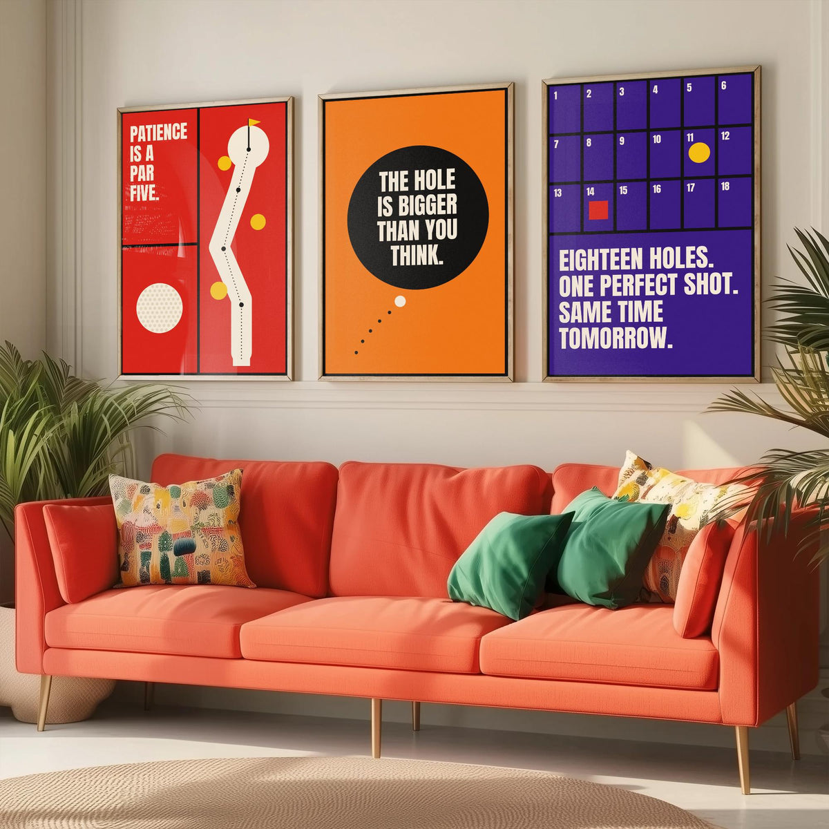 Golf Quotes Set of Three Art Prints - 3 Retro Bauhaus Golfer Posters - Minimalist Sport Wall Art Illustration V2