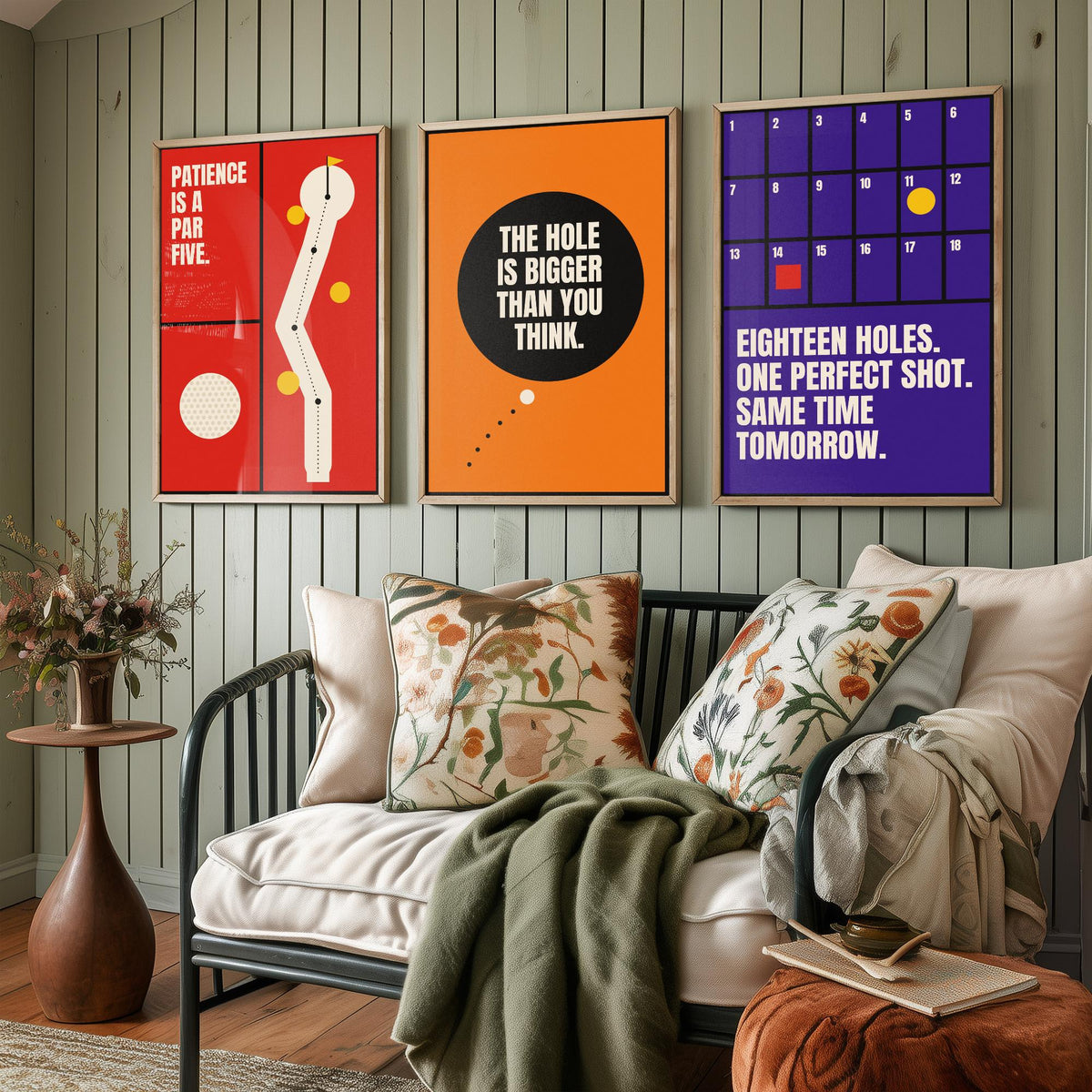 Golf Quotes Set of Three Art Prints - 3 Retro Bauhaus Golfer Posters - Minimalist Sport Wall Art Illustration V2