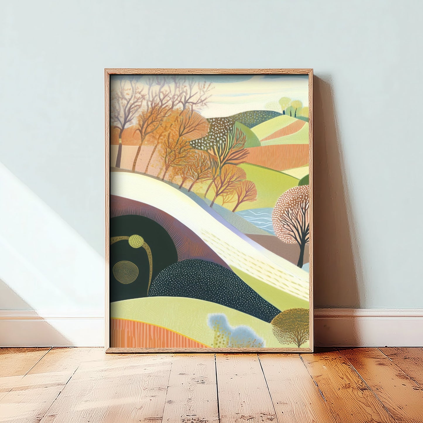 Graphic Landscape Art Print - Patterned Rolling Hills Poster - Folk Countryside Illustration - River Valley V1 1/3
