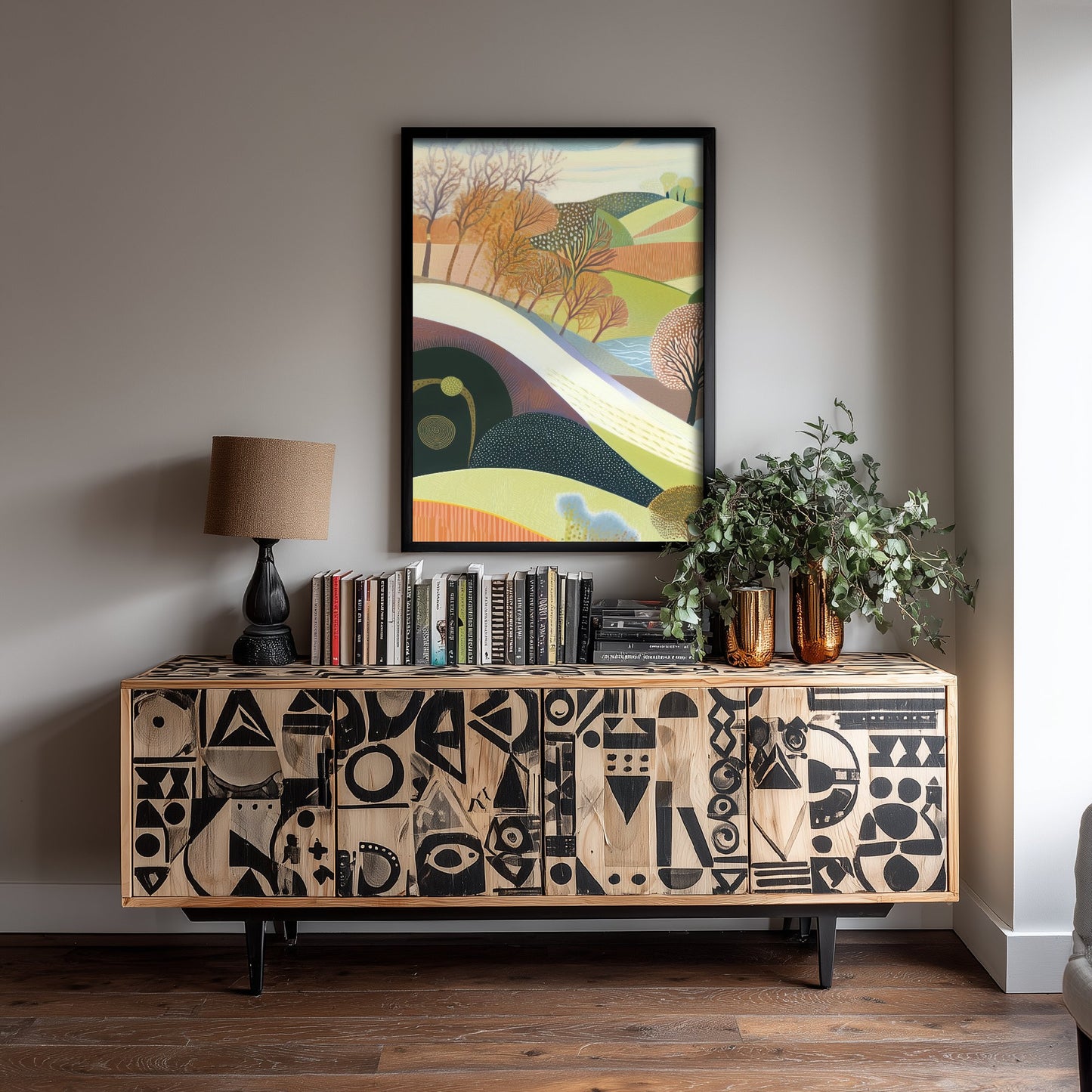 Graphic Landscape Art Print - Patterned Rolling Hills Poster - Folk Countryside Illustration - River Valley V1 1/3