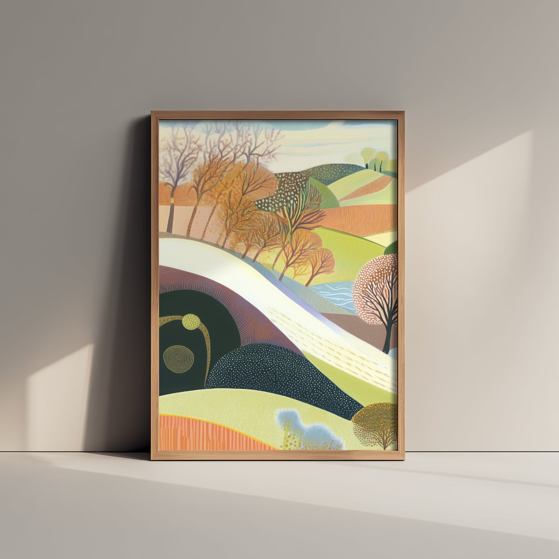 Graphic Landscape Art Print - Patterned Rolling Hills Poster - Folk Countryside Illustration - River Valley V1 1/3