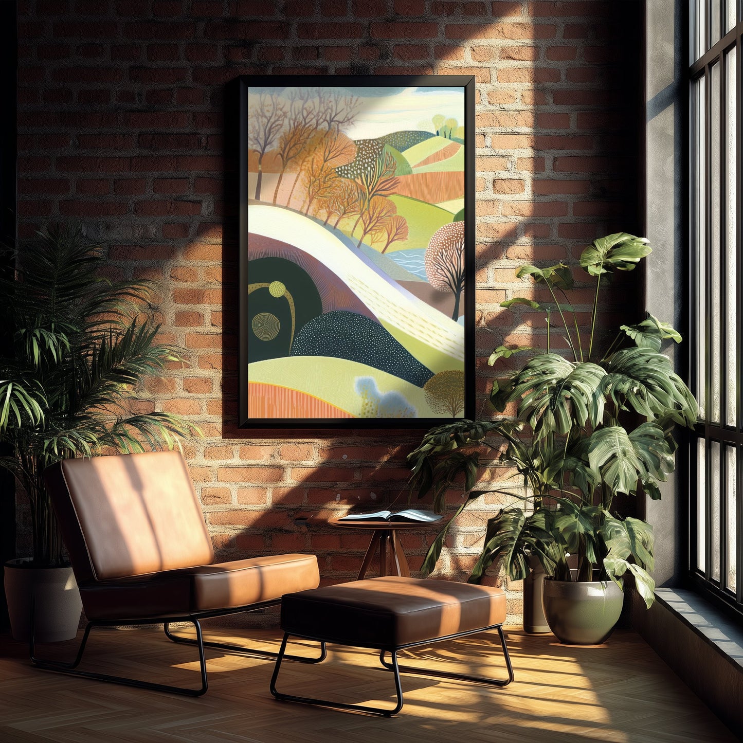 Graphic Landscape Art Print - Patterned Rolling Hills Poster - Folk Countryside Illustration - River Valley V1 1/3
