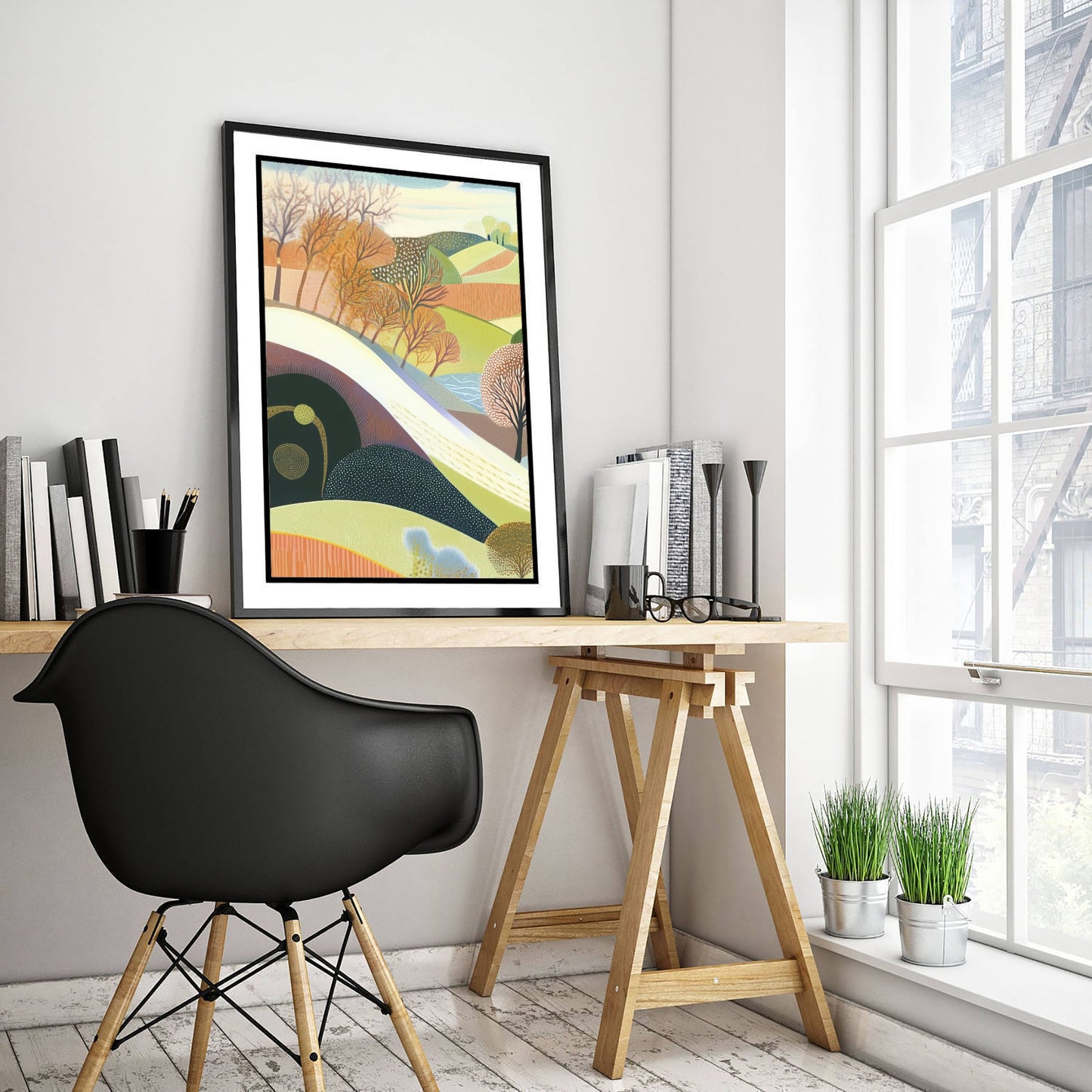 Graphic Landscape Art Print - Patterned Rolling Hills Poster - Folk Countryside Illustration - River Valley V1 1/3