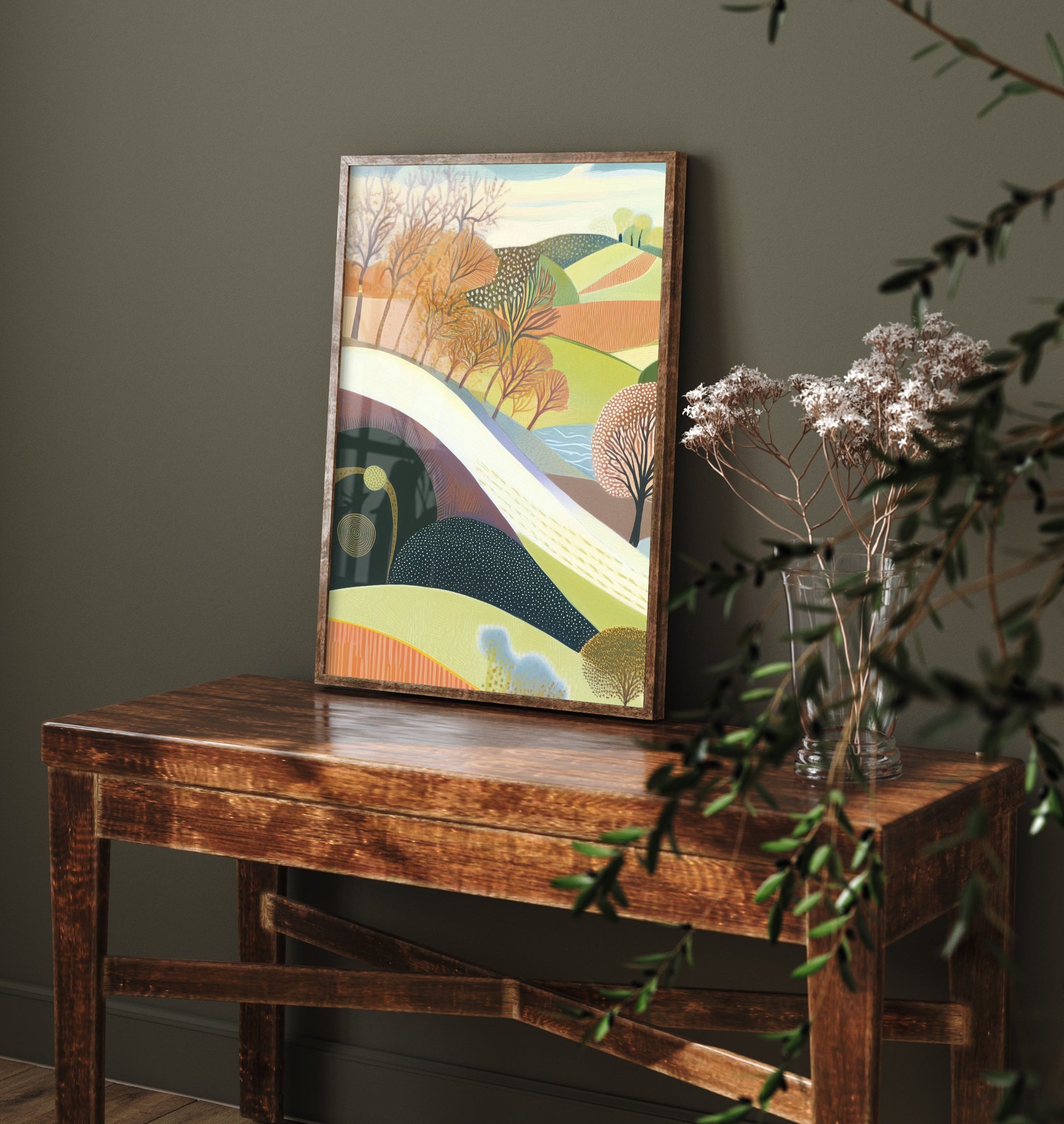 Graphic Landscape Art Print - Patterned Rolling Hills Poster - Folk Countryside Illustration - River Valley V1 1/3