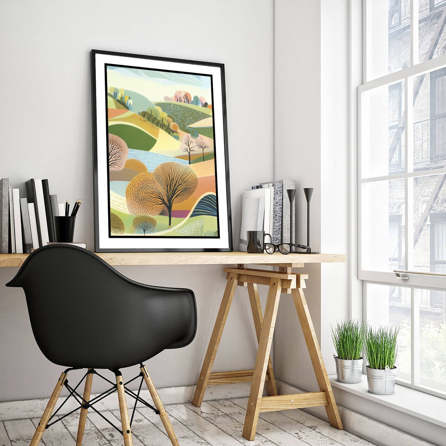 Graphic Landscape Art Print - Patterned Rolling Hills Poster - Folk Countryside Illustration - Green Hills V1 2/3