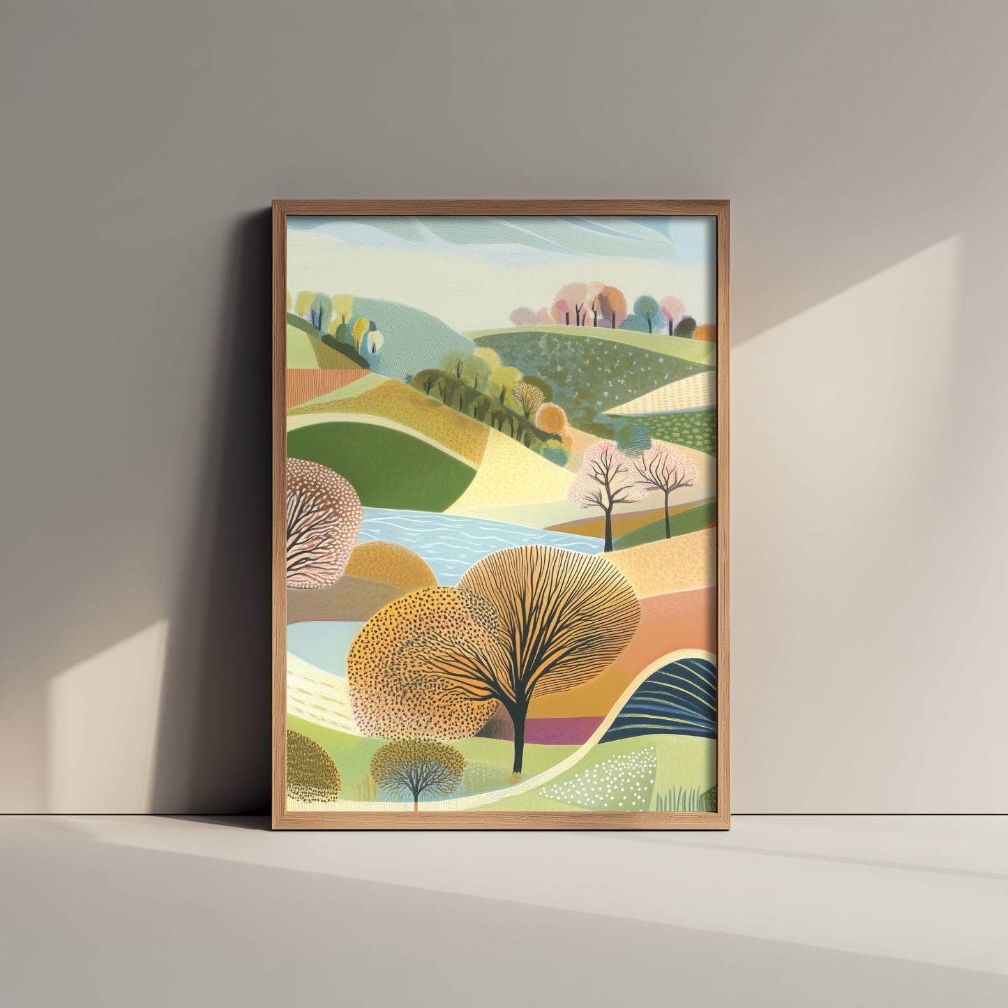 Graphic Landscape Art Print - Patterned Rolling Hills Poster - Folk Countryside Illustration - Green Hills V1 2/3