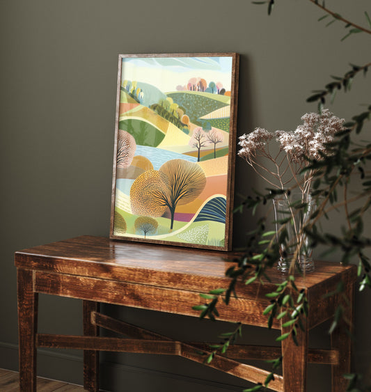 Graphic Landscape Art Print - Patterned Rolling Hills Poster - Folk Countryside Illustration - Green Hills V1 2/3