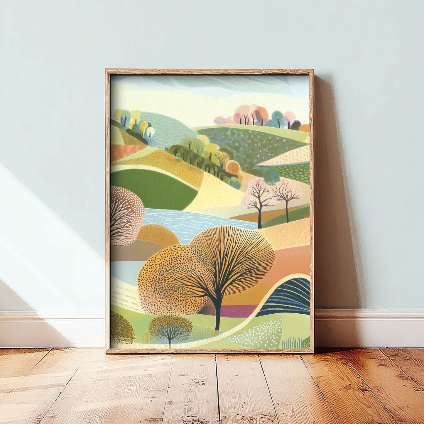 Graphic Landscape Art Print - Patterned Rolling Hills Poster - Folk Countryside Illustration - Green Hills V1 2/3