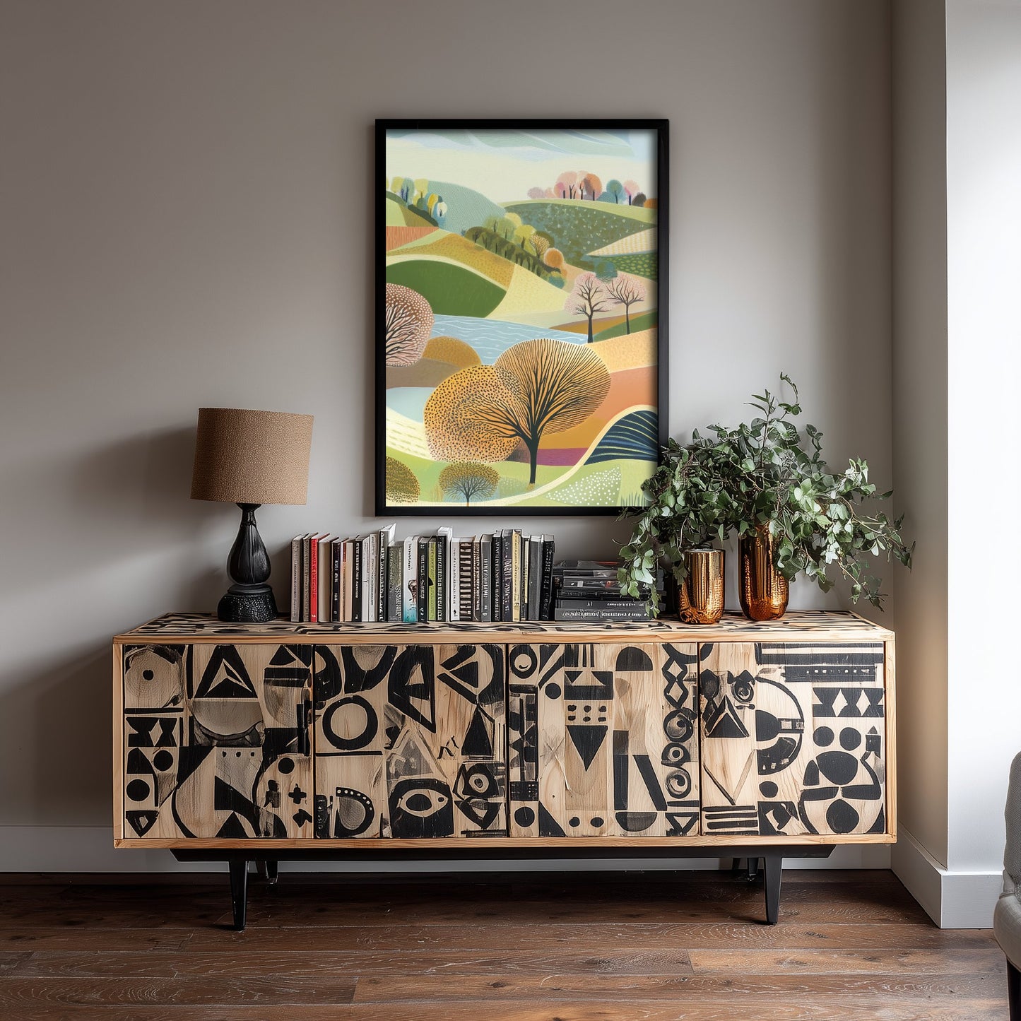 Graphic Landscape Art Print - Patterned Rolling Hills Poster - Folk Countryside Illustration - Green Hills V1 2/3