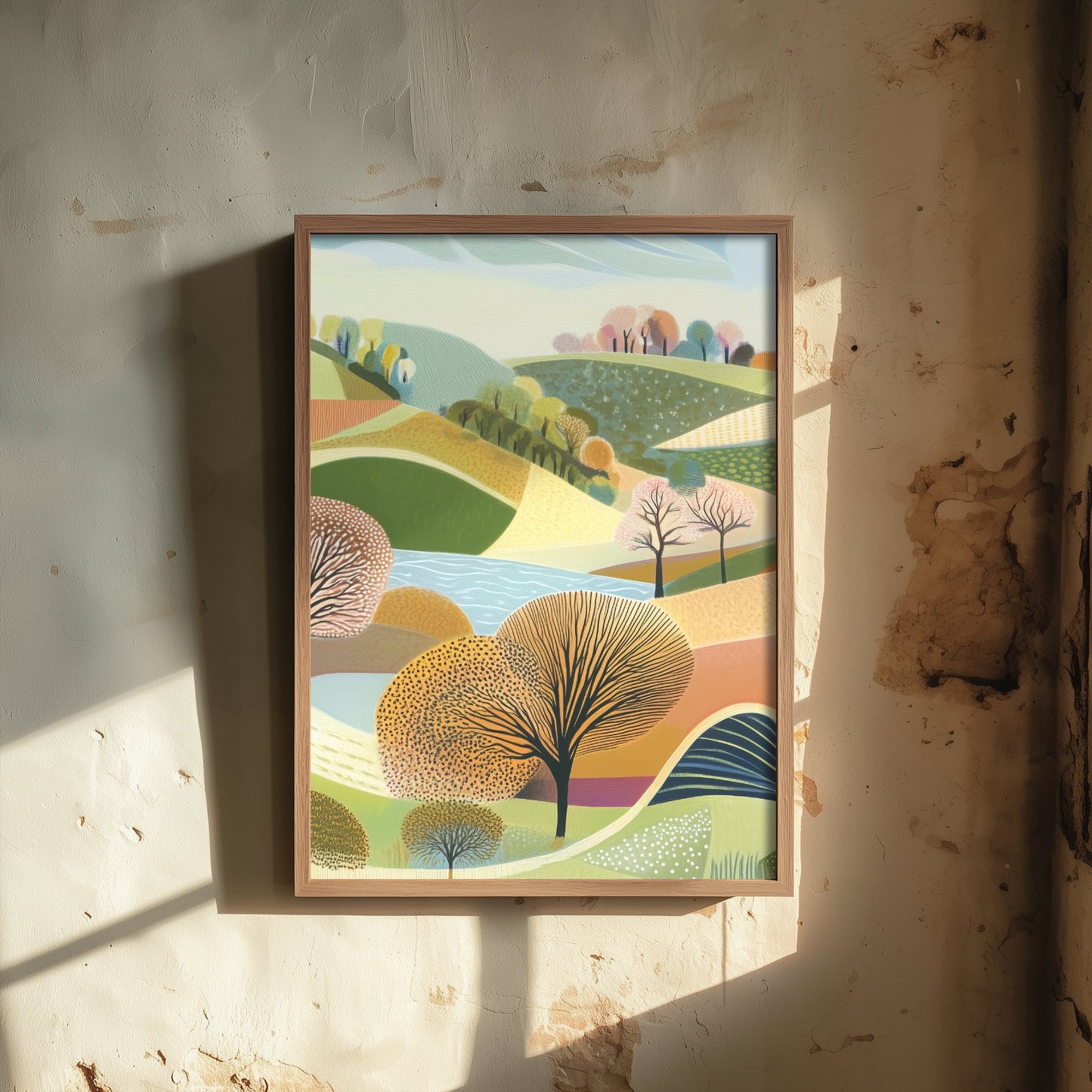 Graphic Landscape Art Print - Patterned Rolling Hills Poster - Folk Countryside Illustration - Green Hills V1 2/3