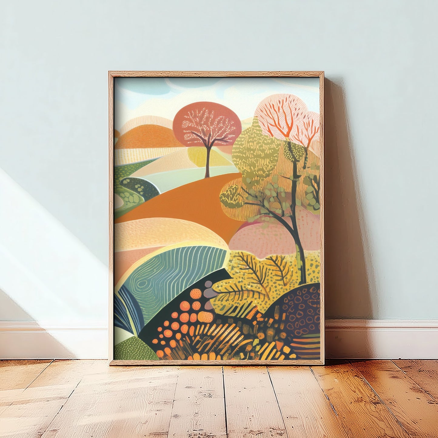 Graphic Landscape Art Print - Patterned Rolling Hills Poster - Folk Countryside Illustration - Autumn Trees V1 3/3