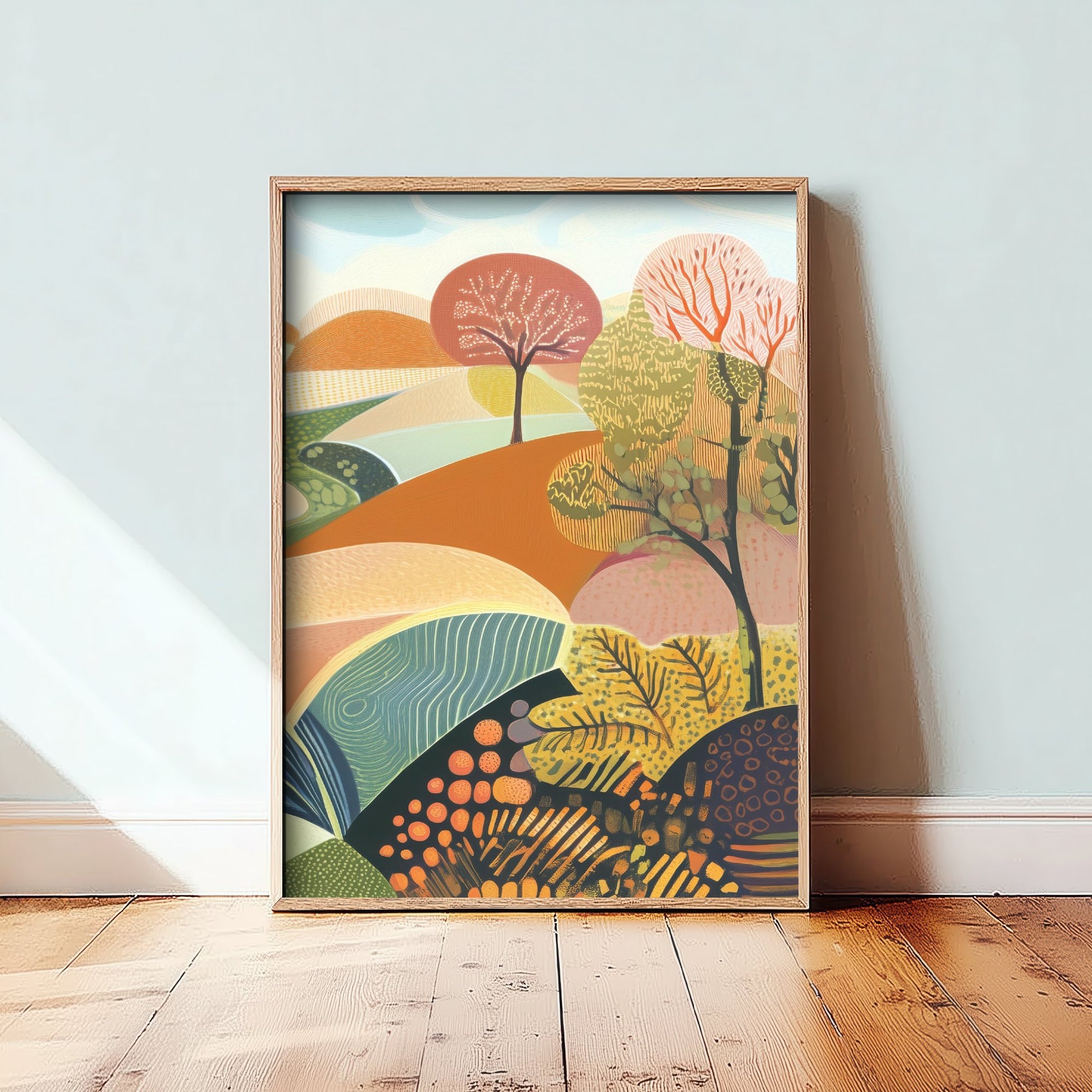 Graphic Landscape Art Print - Patterned Rolling Hills Poster - Folk Countryside Illustration - Autumn Trees V1 3/3