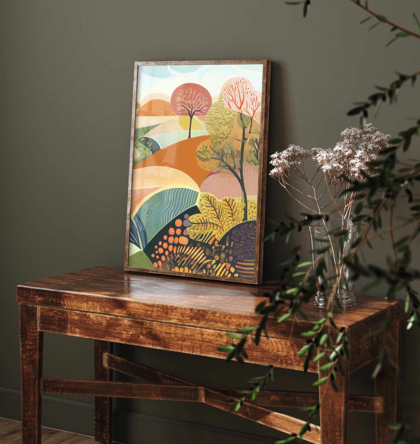 Graphic Landscape Art Print - Patterned Rolling Hills Poster - Folk Countryside Illustration - Autumn Trees V1 3/3